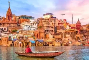 6 Days Delhi Agra Varanasi Tour package featuring the Agra Taj Mahal, Delhi Akshardham Temple, and a Varanasi sunrise boat ride on the River Ganges.