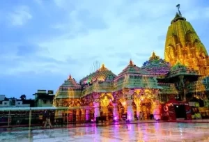 The beautifully illuminated Ambaji Temple at night,