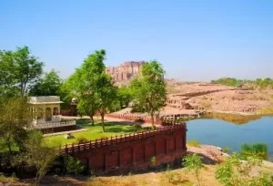 A stunning view of Mehrangarh Fort from Jaswant Thada, showcasing the grand architecture you will experience on a Rajasthan round trip from Jodhpur.